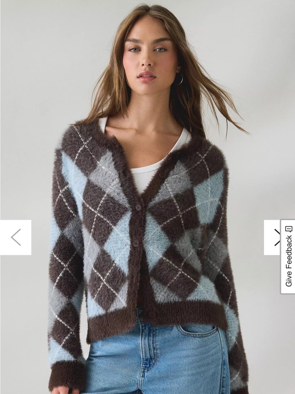 Belldini Brown, Grey and Light Blue Argyle Fuzzy Button Cardigan Size L